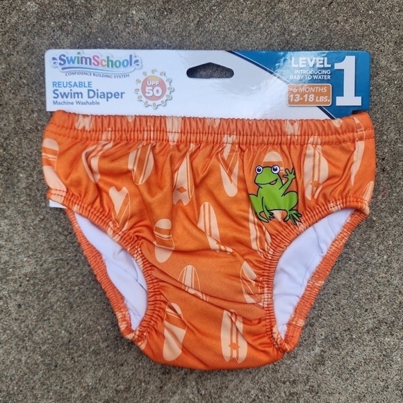 Swim School Swim Diaper Reusable Boy Orange Frog Graphic Size 6 Months 13-18lbs - Picture 1 of 8